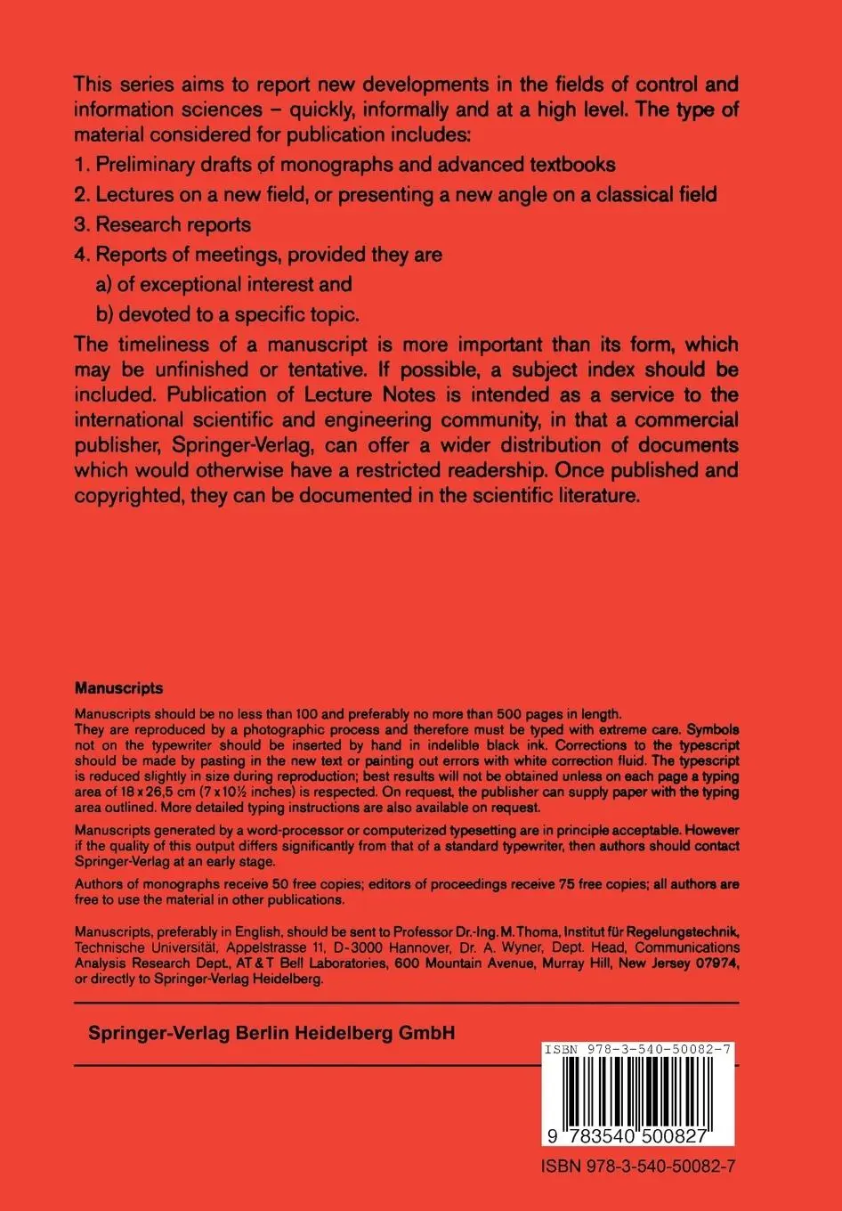 Rückseite: 9783540500827 | State-Space Models of Lumped and Distributed Systems | Vojislav Kecman