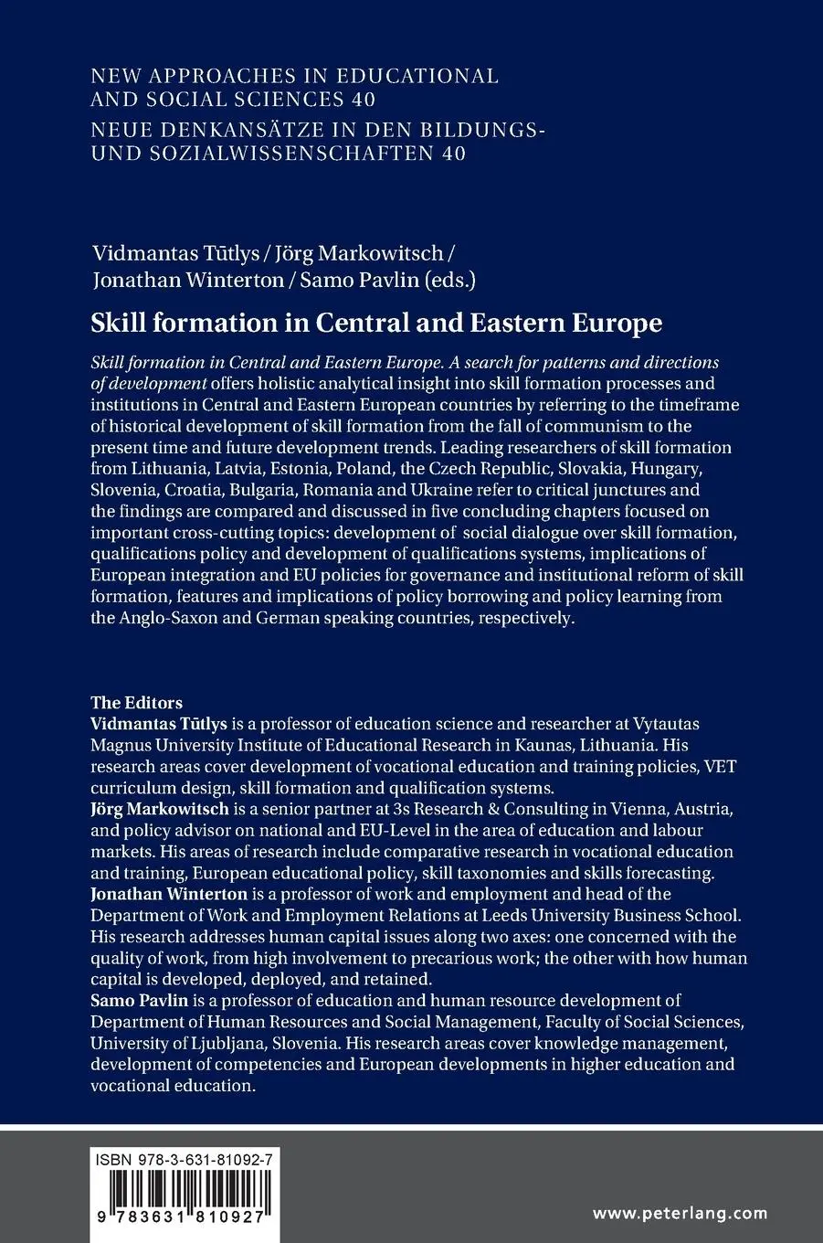 Rückseite: 9783631810927 | Skill Formation in Central and Eastern Europe | Markowitsch (u. a.)