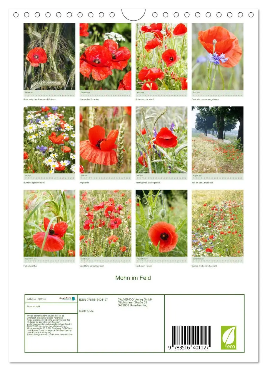 Bild: 9783516401127 | Mohn im Feld (Wandkalender 2026 DIN A4 hoch), CALVENDO Monatskalender