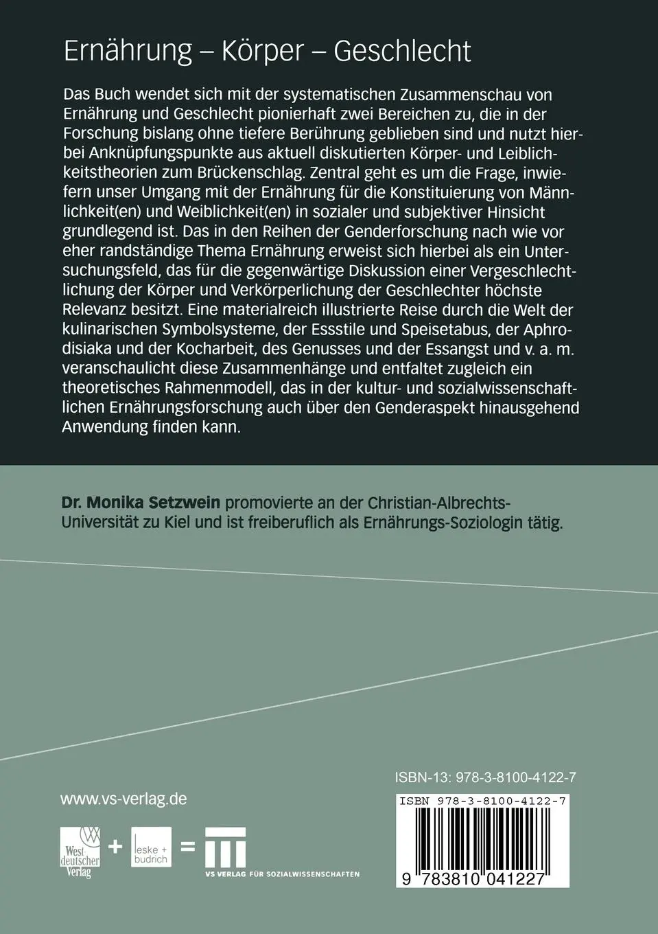 Rückseite: 9783810041227 | Ernährung - Körper - Geschlecht | Monika Setzwein | Taschenbuch | 2004