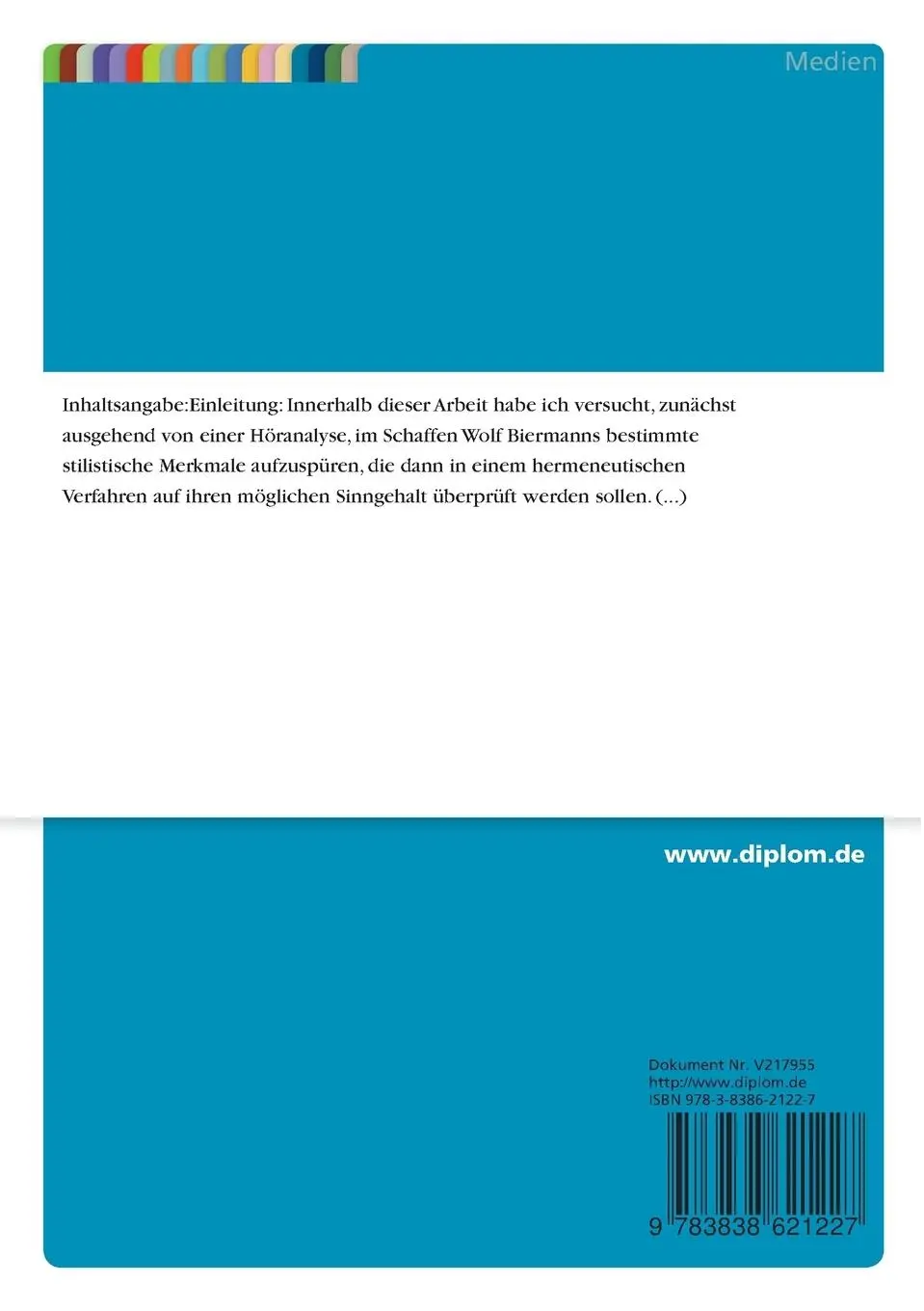 Rückseite: 9783838621227 | Das folkloristische Element bei Wolf Biermann | Horst Löppmann | Buch
