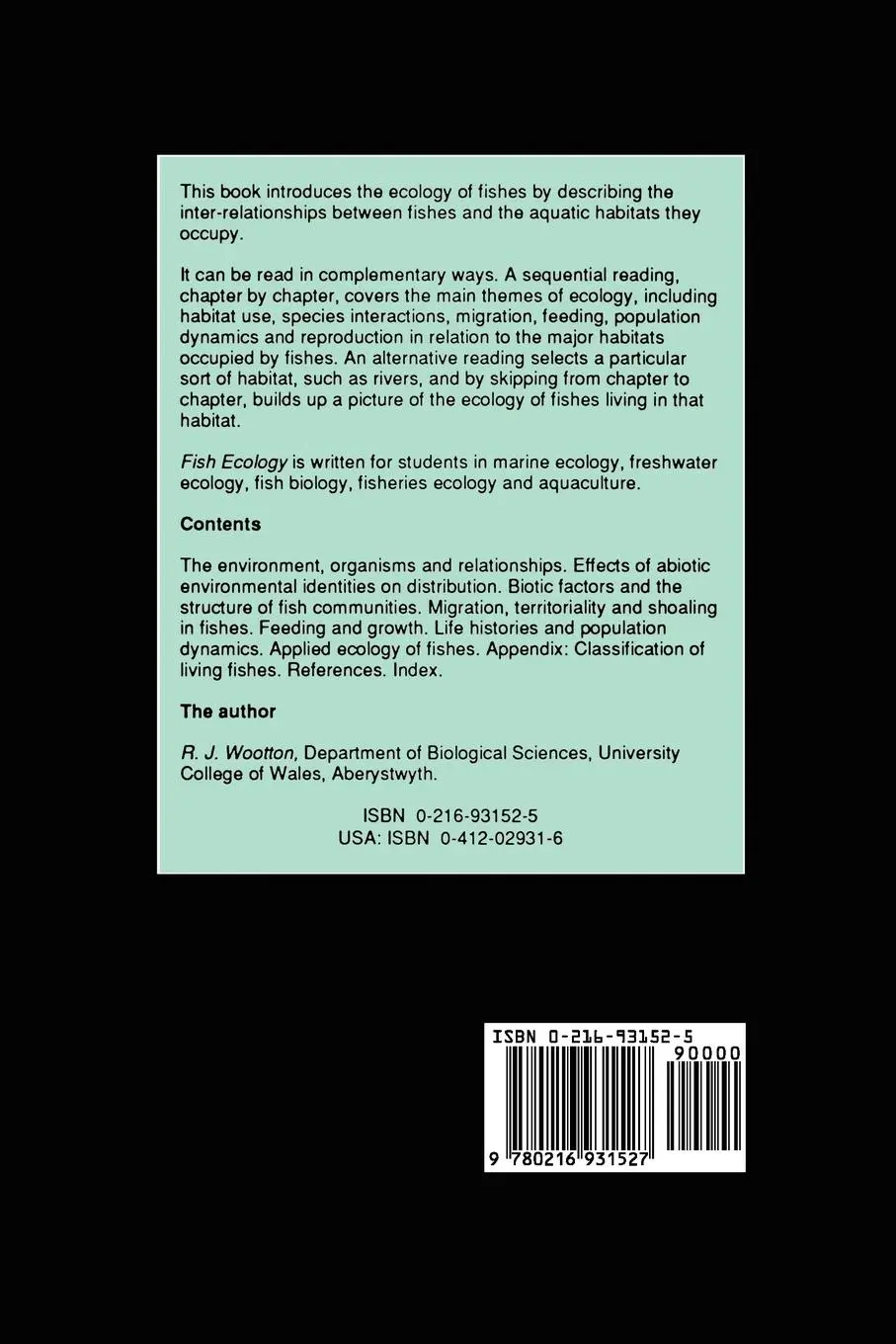 Rückseite: 9780216931527 | Fish Ecology | Robert J. Wootton | Taschenbuch | x | Englisch | 1991