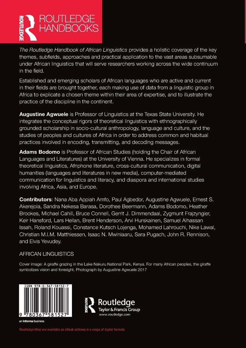 Rückseite: 9780367581527 | The Routledge Handbook of African Linguistics | Agwuele (u. a.) | Buch