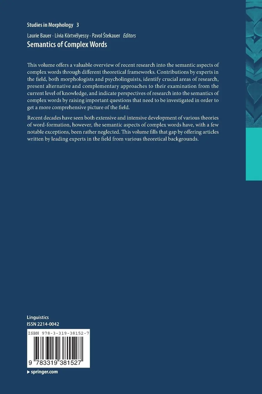 Rückseite: 9783319381527 | Semantics of Complex Words | Laurie Bauer (u. a.) | Taschenbuch | x