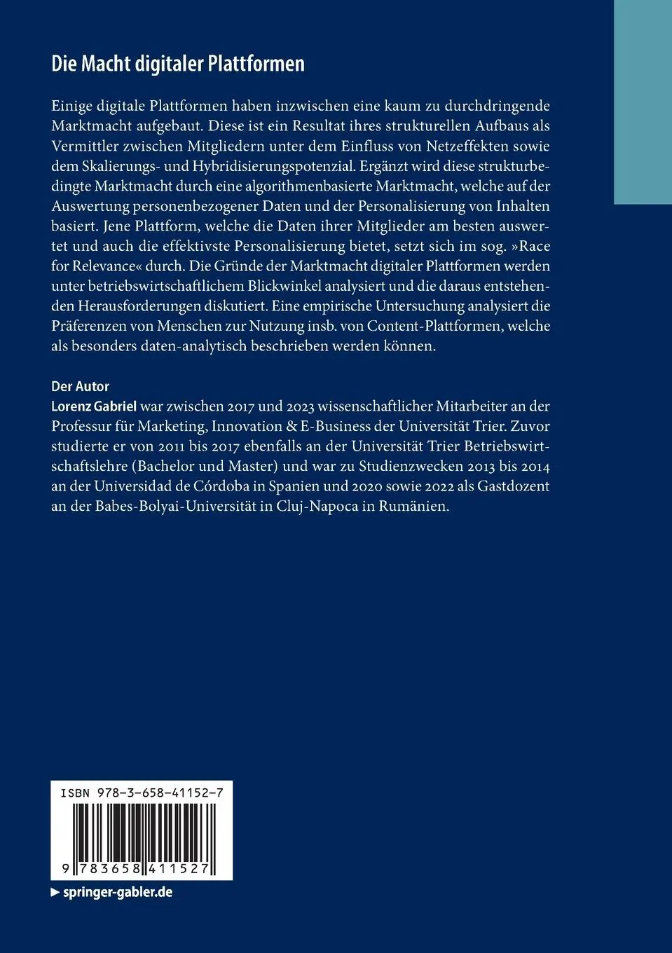 Rückseite: 9783658411527 | Die Macht digitaler Plattformen | Lorenz Gabriel | Taschenbuch | xxix