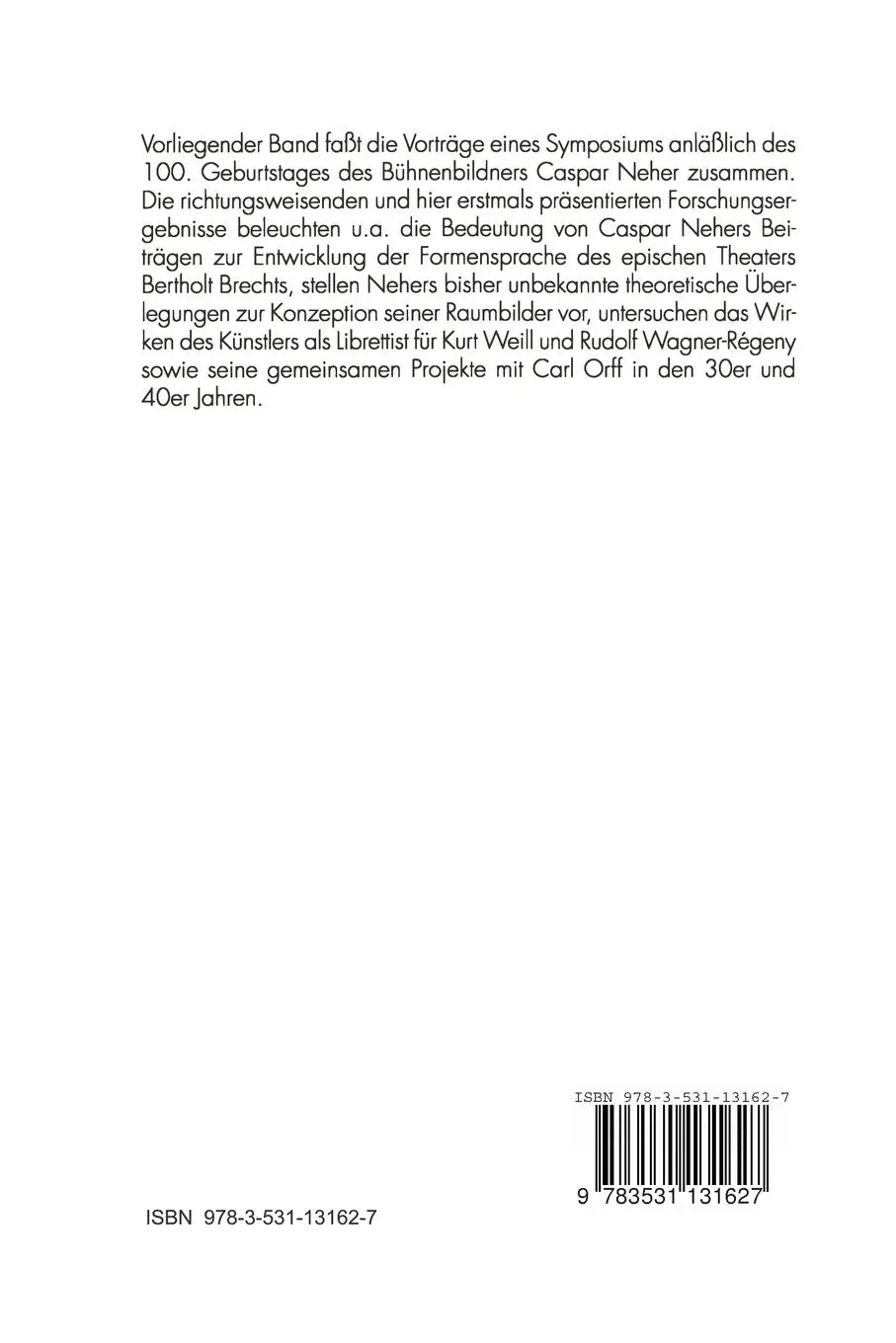 Rückseite: 9783531131627 | Caspar Neher - Der größte Bühnenbauer unserer Zeit | Gier (u. a.)