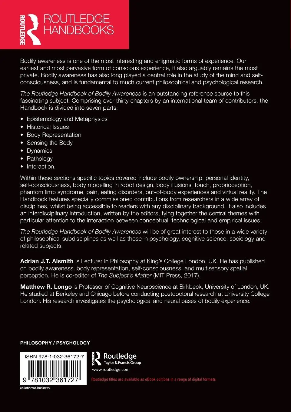 Rückseite: 9781032361727 | The Routledge Handbook of Bodily Awareness | Alsmith (u. a.) | Buch