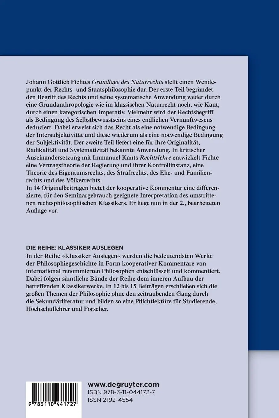 Rückseite: 9783110441727 | Johann Gottlieb Fichte: Grundlage des Naturrechts | Merle | Buch | VII