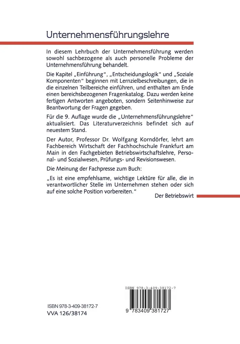 Rückseite: 9783409381727 | Unternehmensführungslehre | Wolfgang Korndörfer | Taschenbuch | 311 S.