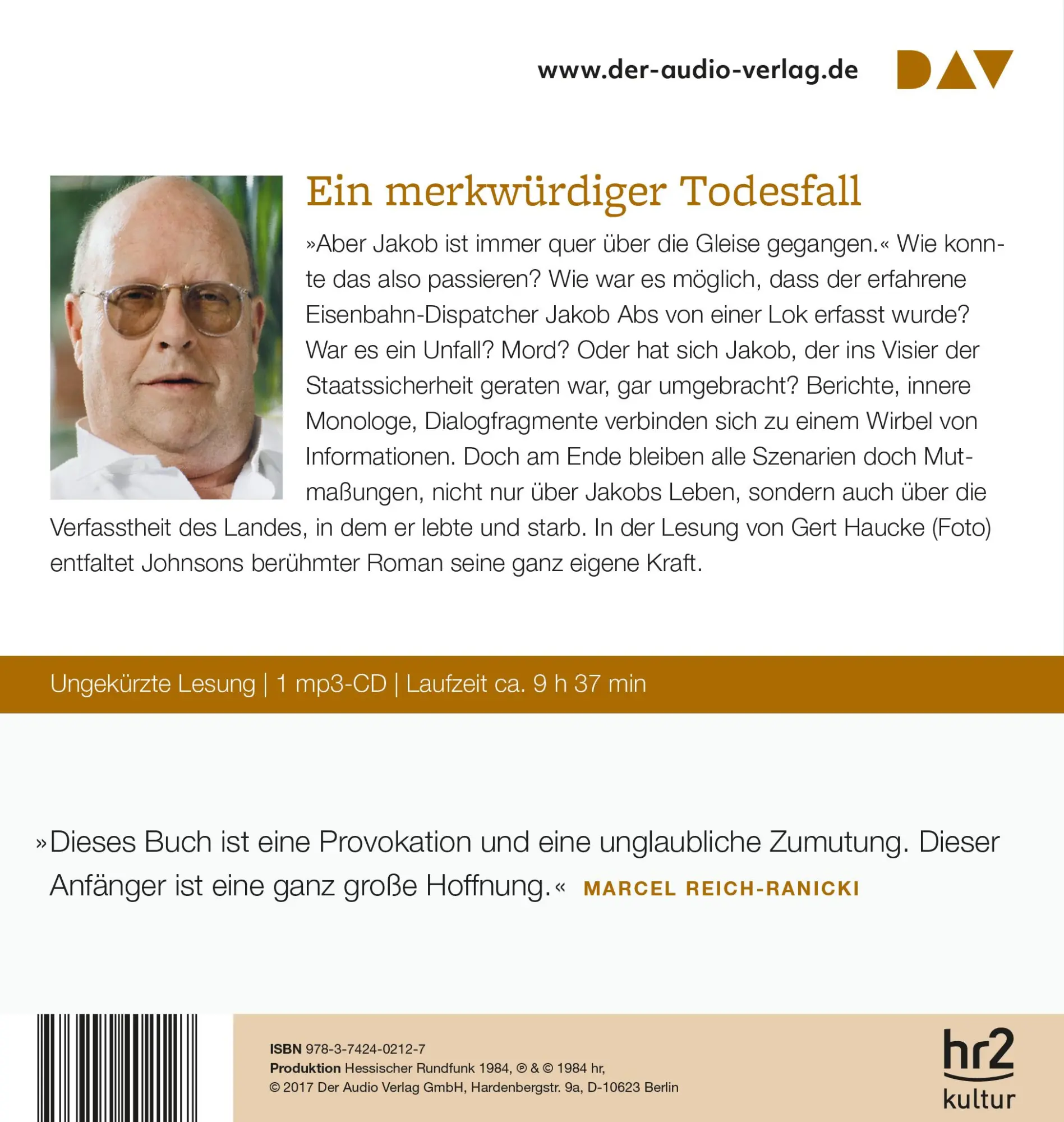 Rückseite: 9783742402127 | Mutmaßungen über Jakob | Uwe Johnson | MP3 | 577 Min. | Deutsch | 2017