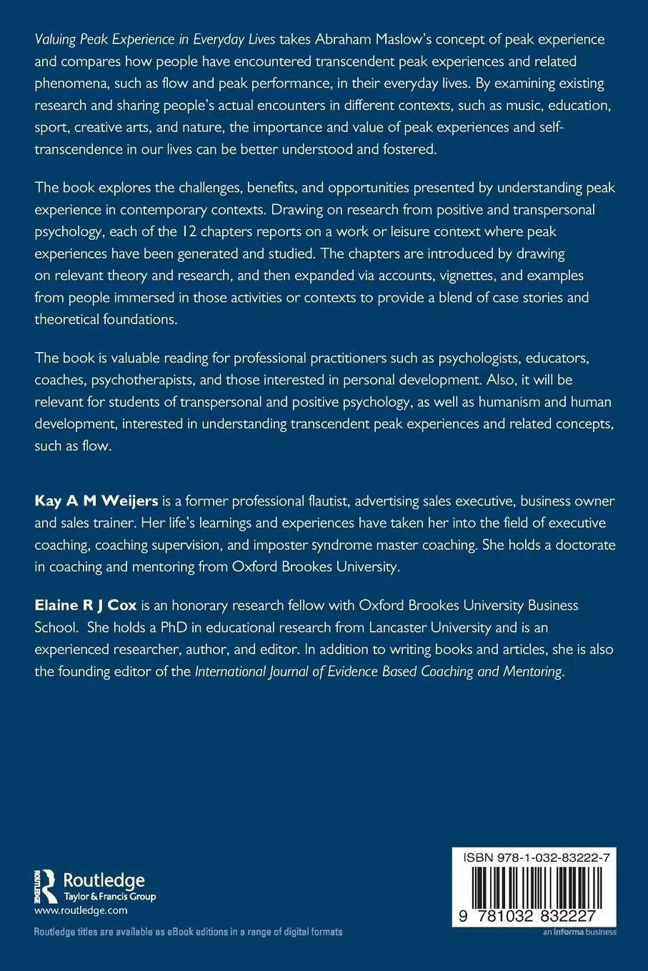 Rückseite: 9781032832227 | Valuing Peak Experience in Everyday Lives | Elaine R J Cox (u. a.)