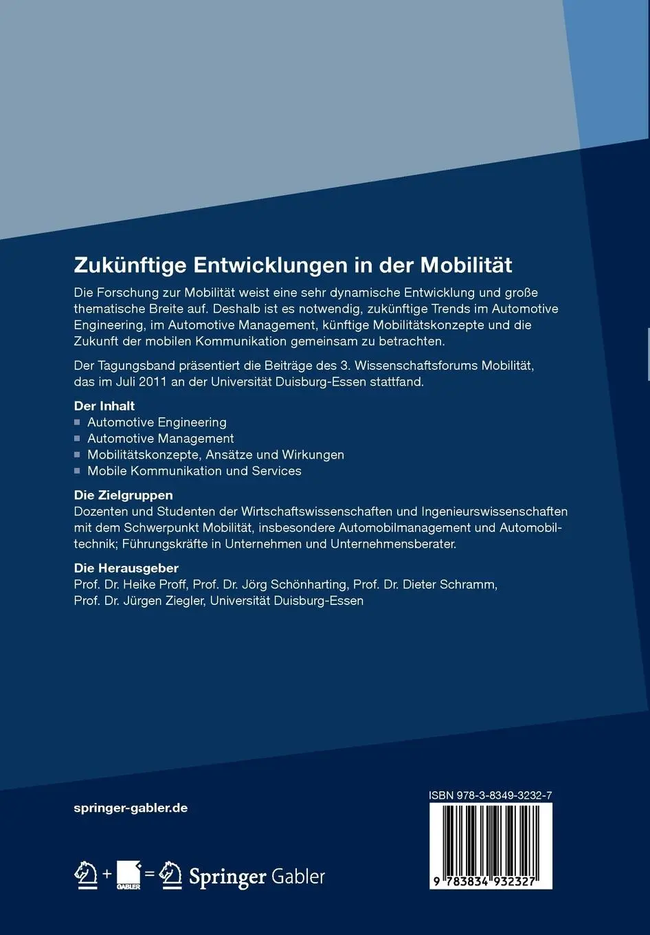 Rückseite: 9783834932327 | Zukünftige Entwicklungen in der Mobilität | Heike Proff (u. a.) | Buch