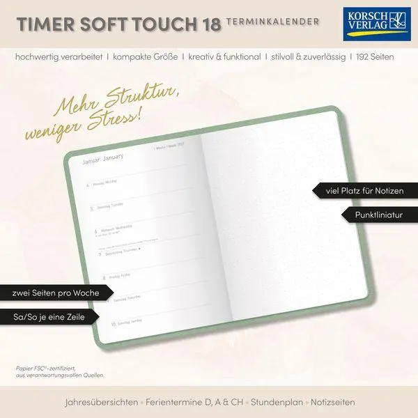 Bild: 9783819302527 | Timer Soft Touch 18 Monate jade 2027/2028 | Korsch Verlag | Buch