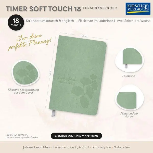 Bild: 9783819302527 | Timer Soft Touch 18 Monate jade 2027/2028 | Korsch Verlag | Buch
