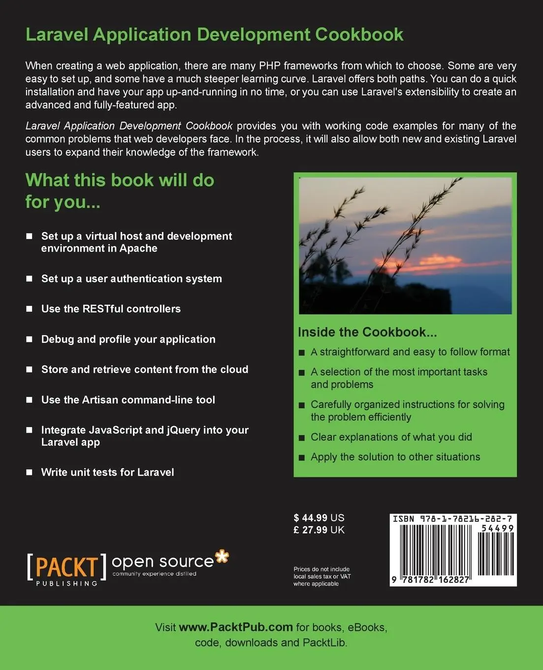 Rückseite: 9781782162827 | Laravel Application Development Cookbook | Terry Matula | Taschenbuch