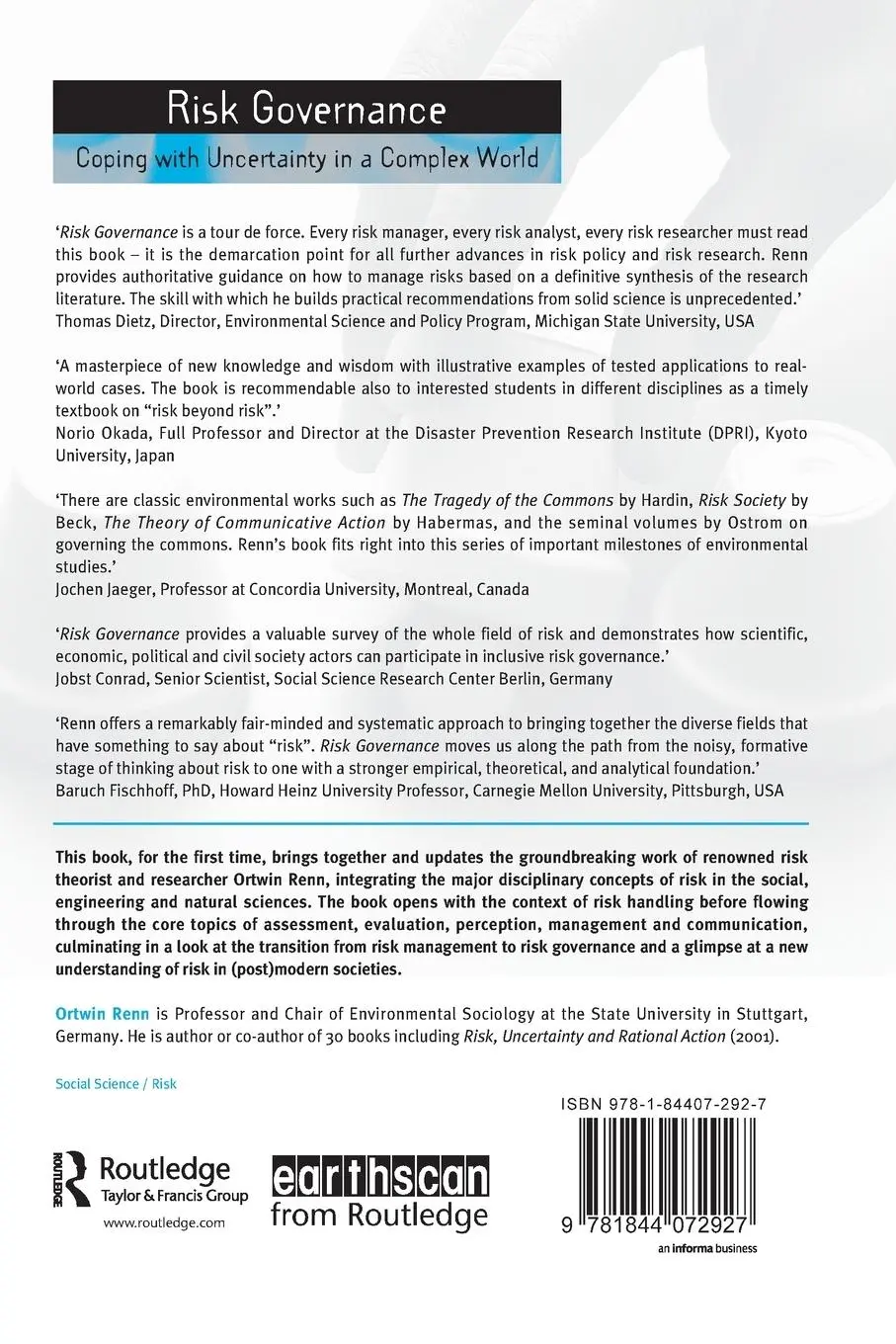 Rückseite: 9781844072927 | Risk Governance | Coping with Uncertainty in a Complex World | Renn