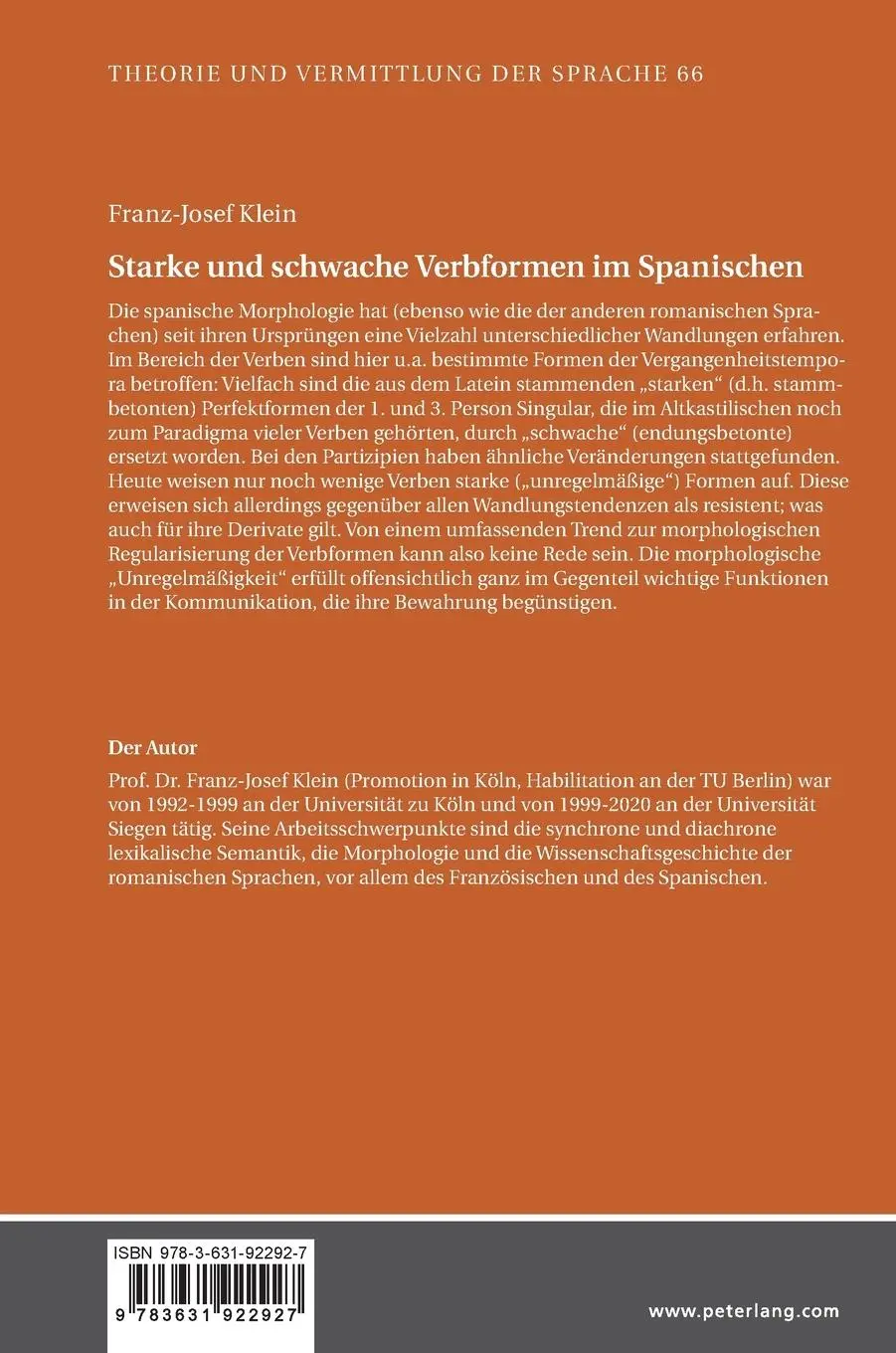 Rückseite: 9783631922927 | Starke und schwache Verbformen im Spanischen | Franz-Josef Klein