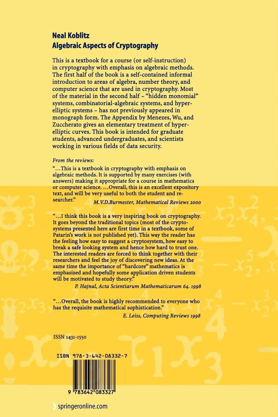 Rückseite: 9783642083327 | Algebraic Aspects of Cryptography | Neal Koblitz | Taschenbuch | ix