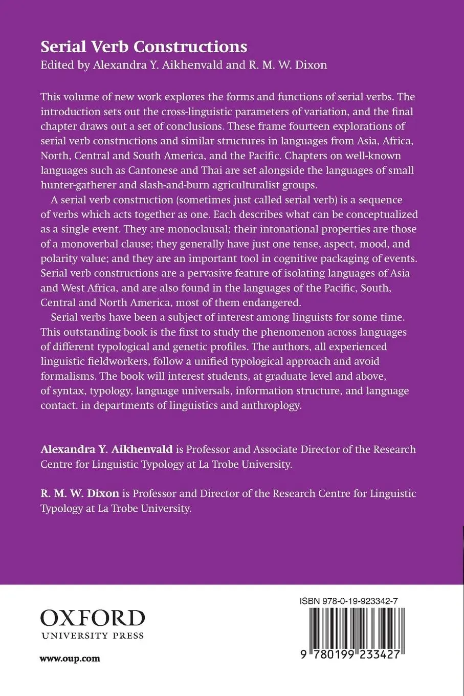 Rückseite: 9780199233427 | Serial Verb Constructions | A Cross-Linguistic Typology | Taschenbuch