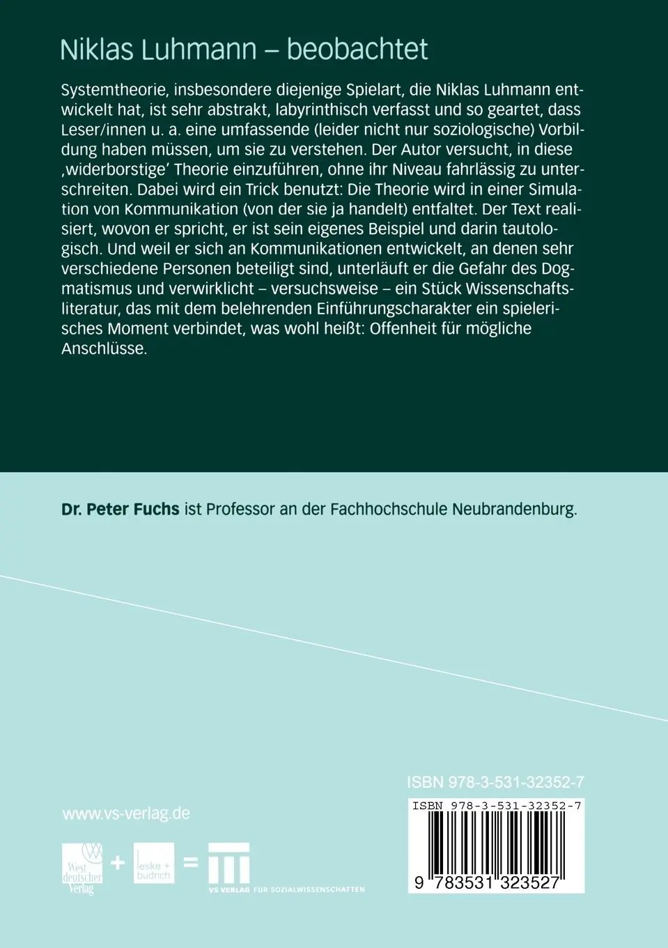 Rückseite: 9783531323527 | Niklas Luhmann - beobachtet | Eine Einführung in die Systemtheorie