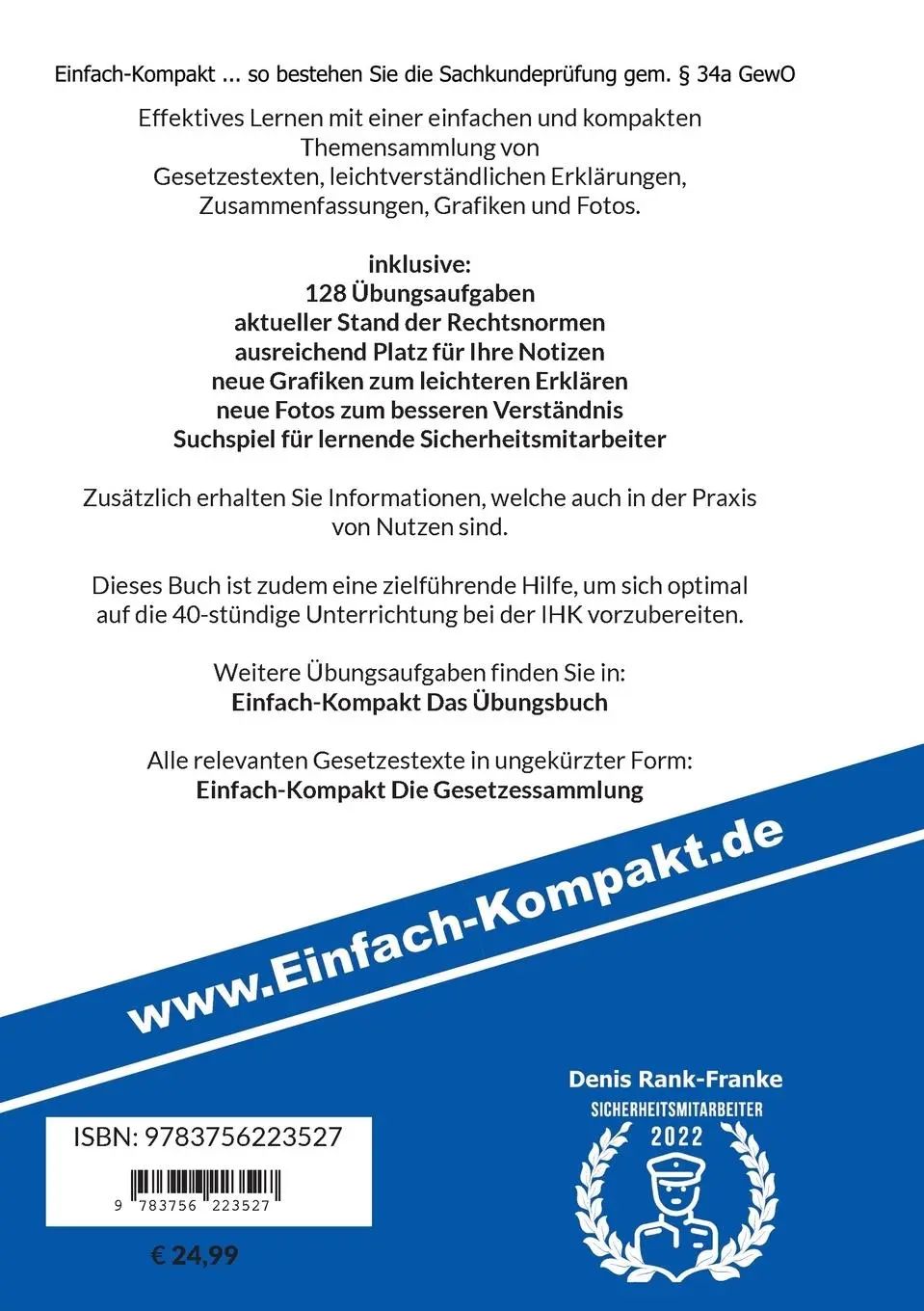 Rückseite: 9783756223527 | Sachkundeprüfung gem. § 34a GewO | Denis Rank-Franke | Taschenbuch