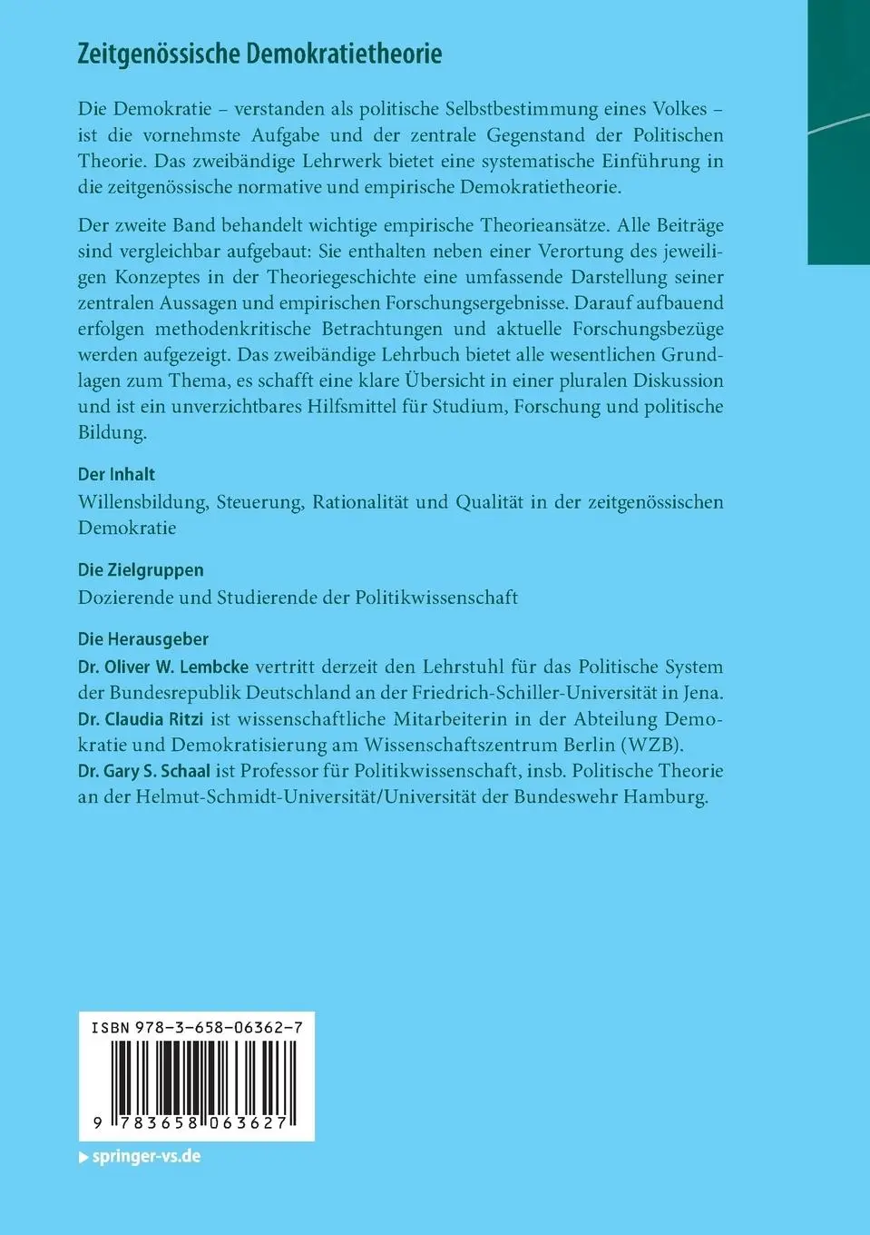 Rückseite: 9783658063627 | Zeitgenössische Demokratietheorie | Oliver W. Lembcke (u. a.) | Buch