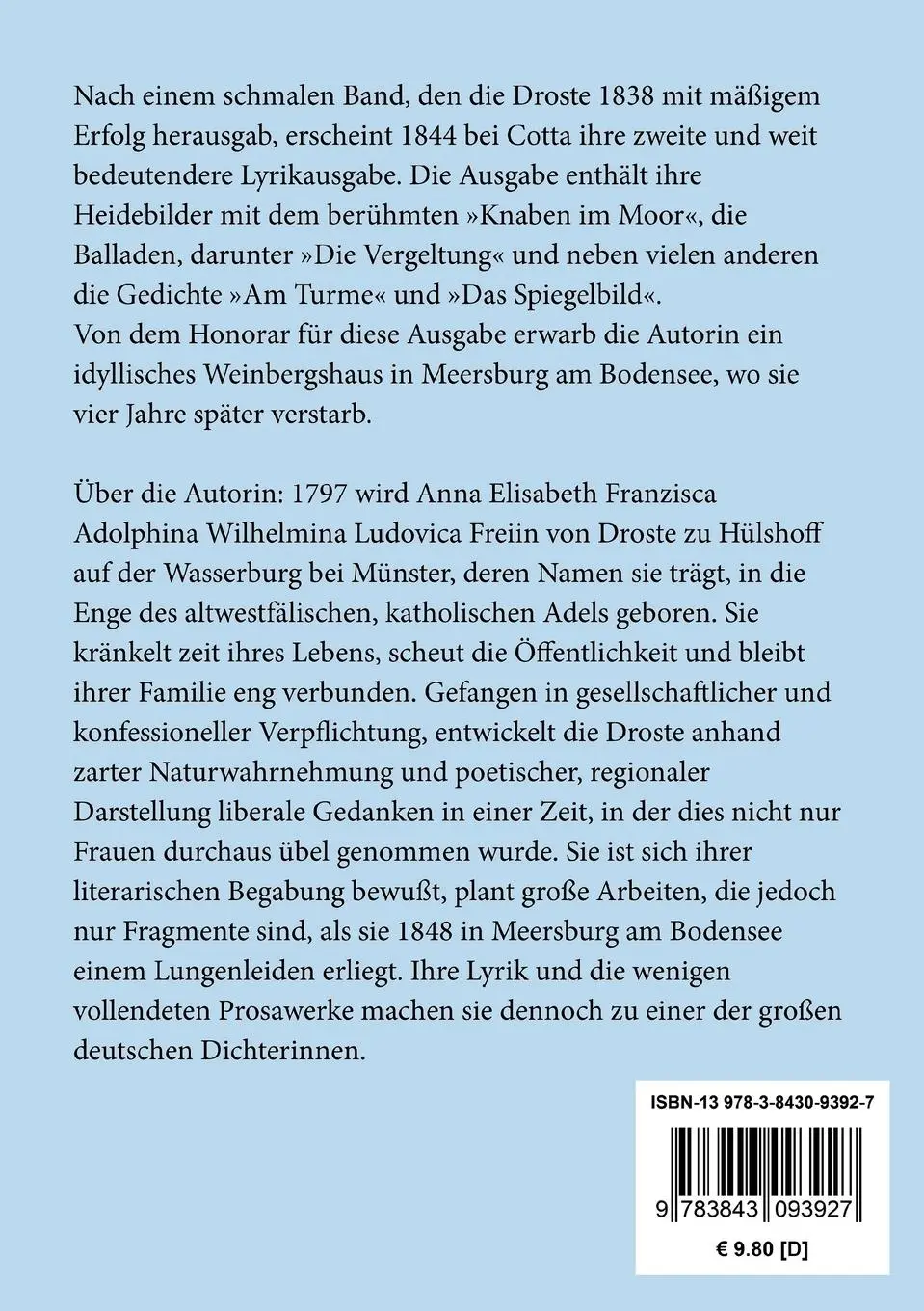 Rückseite: 9783843093927 | Gedichte | Die Ausgabe von 1844 | Annette von Droste-Hülshoff | Buch