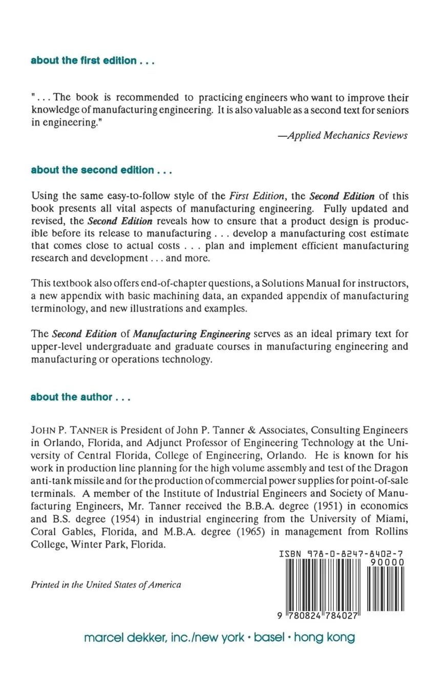 Rückseite: 9780824784027 | Manufacturing Engineering | John P. Tanner | Buch | Englisch | 1990