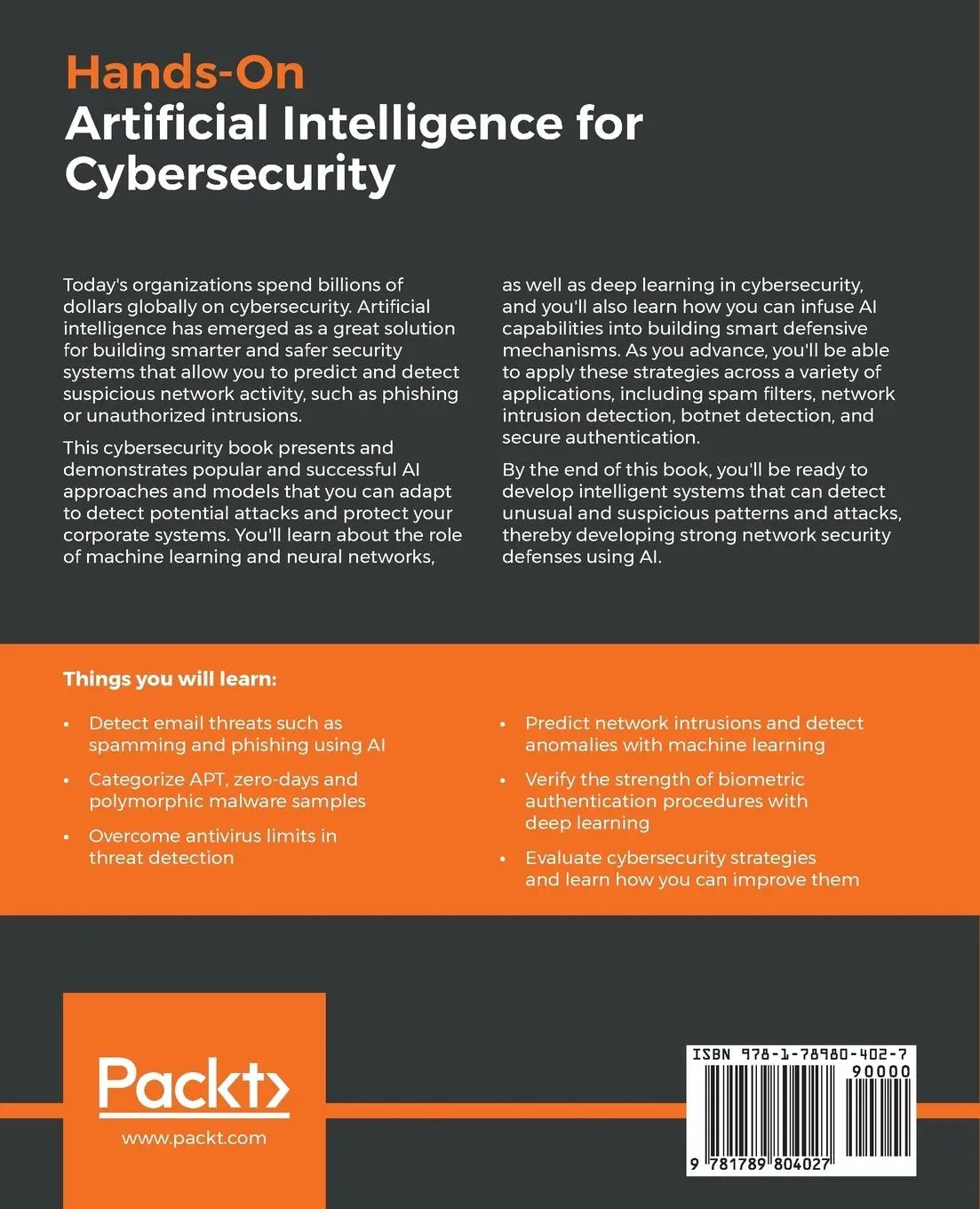 Rückseite: 9781789804027 | Hands-On Artificial Intelligence for Cybersecurity | Alessandro Parisi