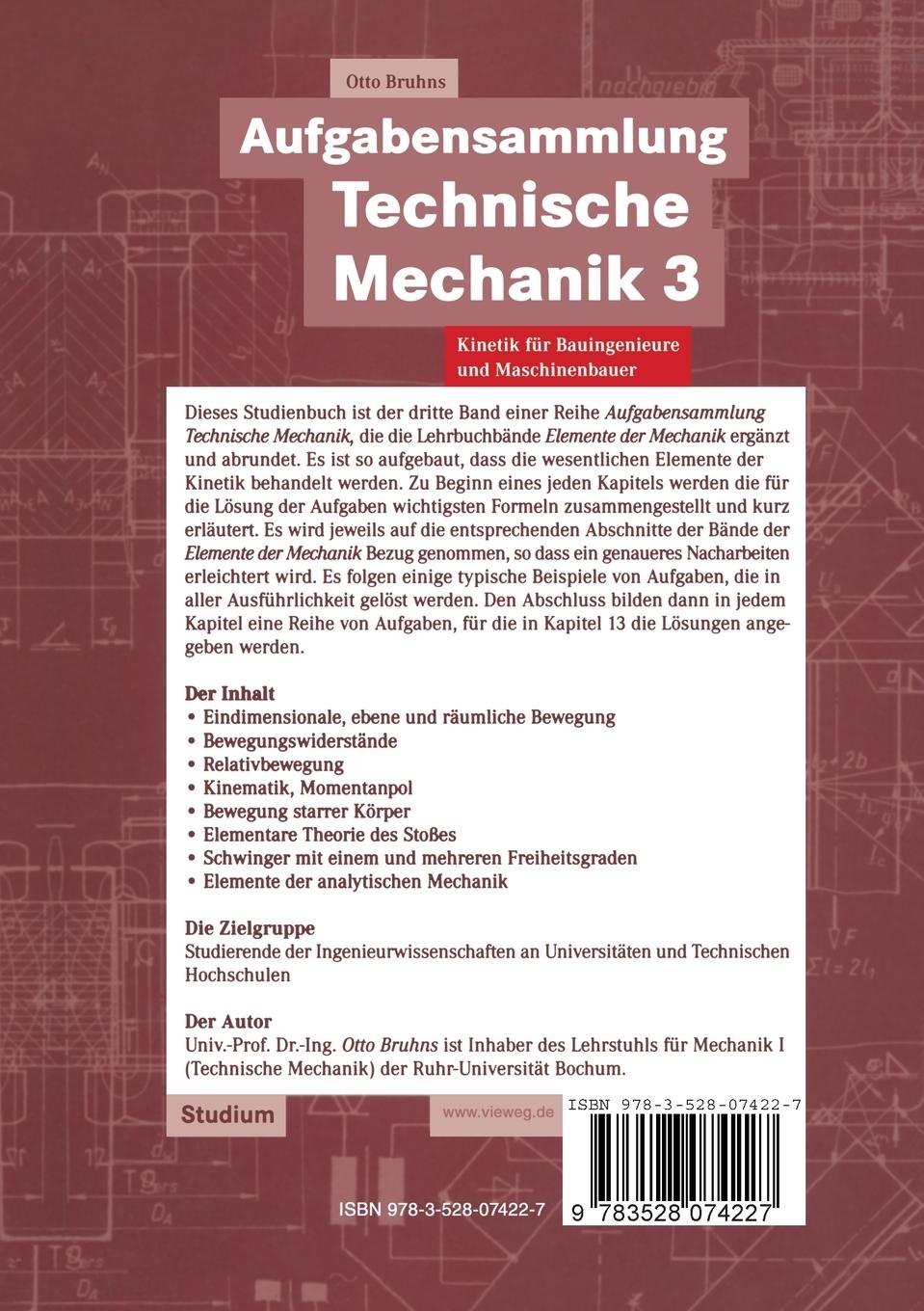 Rückseite: 9783528074227 | Aufgabensammlung Technische Mechanik 3 | Otto T. Bruhns | Taschenbuch