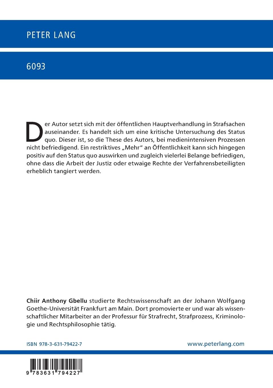 Rückseite: 9783631794227 | Die öffentliche Hauptverhandlung in Strafsachen | Chiir Anthony Gbellu