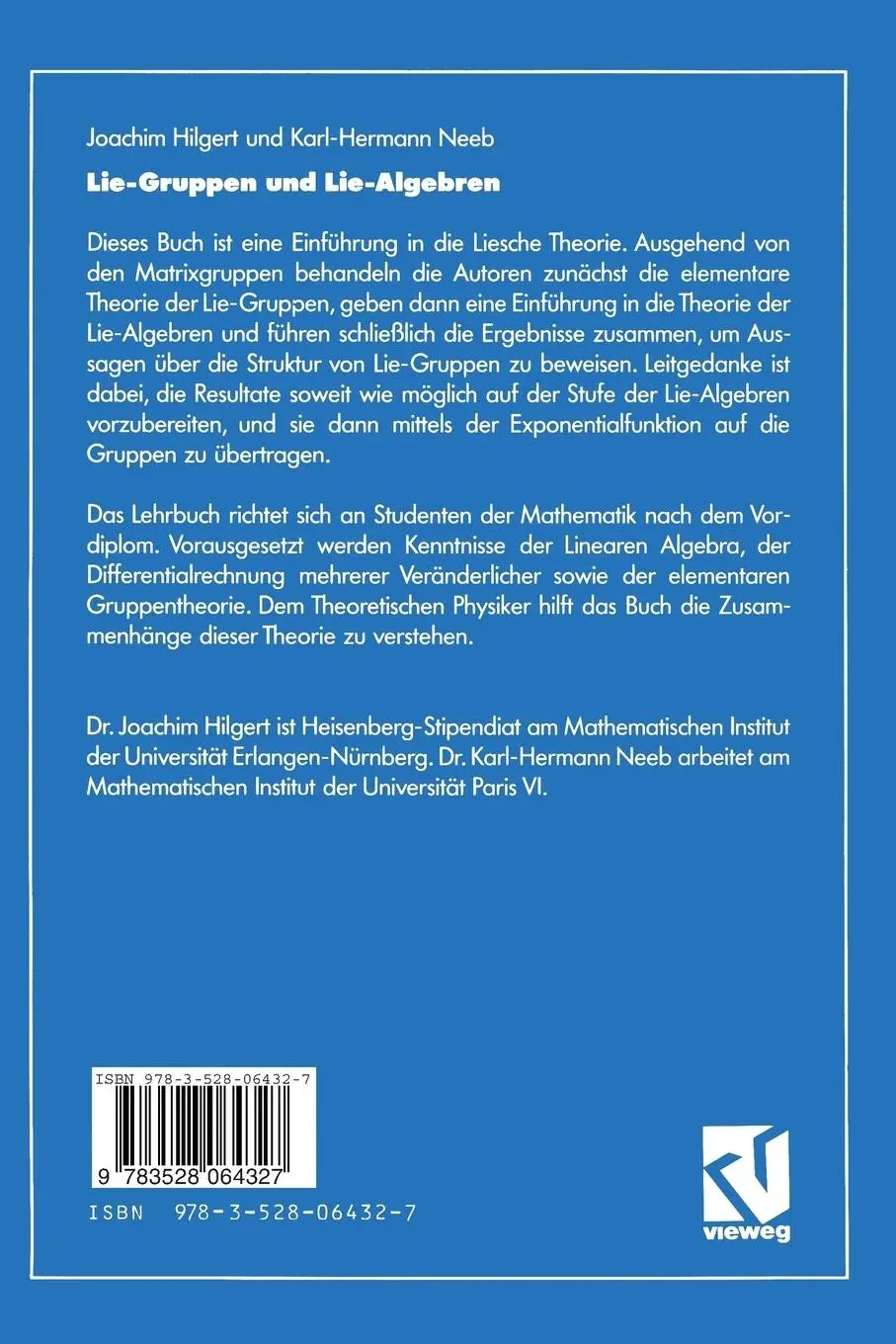 Rückseite: 9783528064327 | Lie-Gruppen und Lie-Algebren | Karl-Hermann Neeb (u. a.) | Taschenbuch