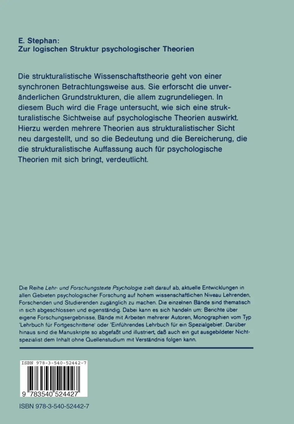 Rückseite: 9783540524427 | Zur logischen Struktur psychologischer Theorien | Ekkehard Stephan