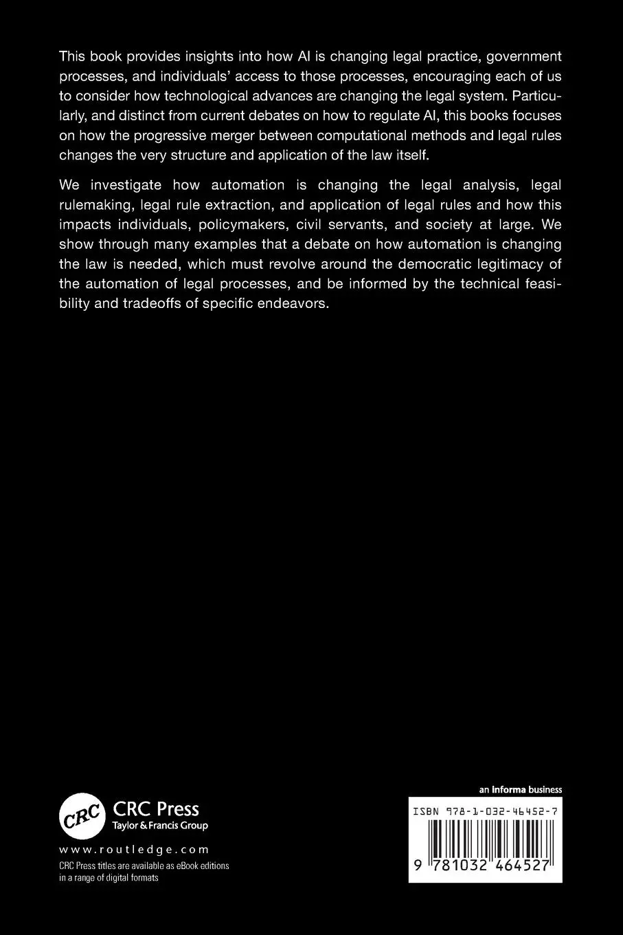 Rückseite: 9781032464527 | AI and Law | How Automation is Changing the Law | Taschenbuch | 2025