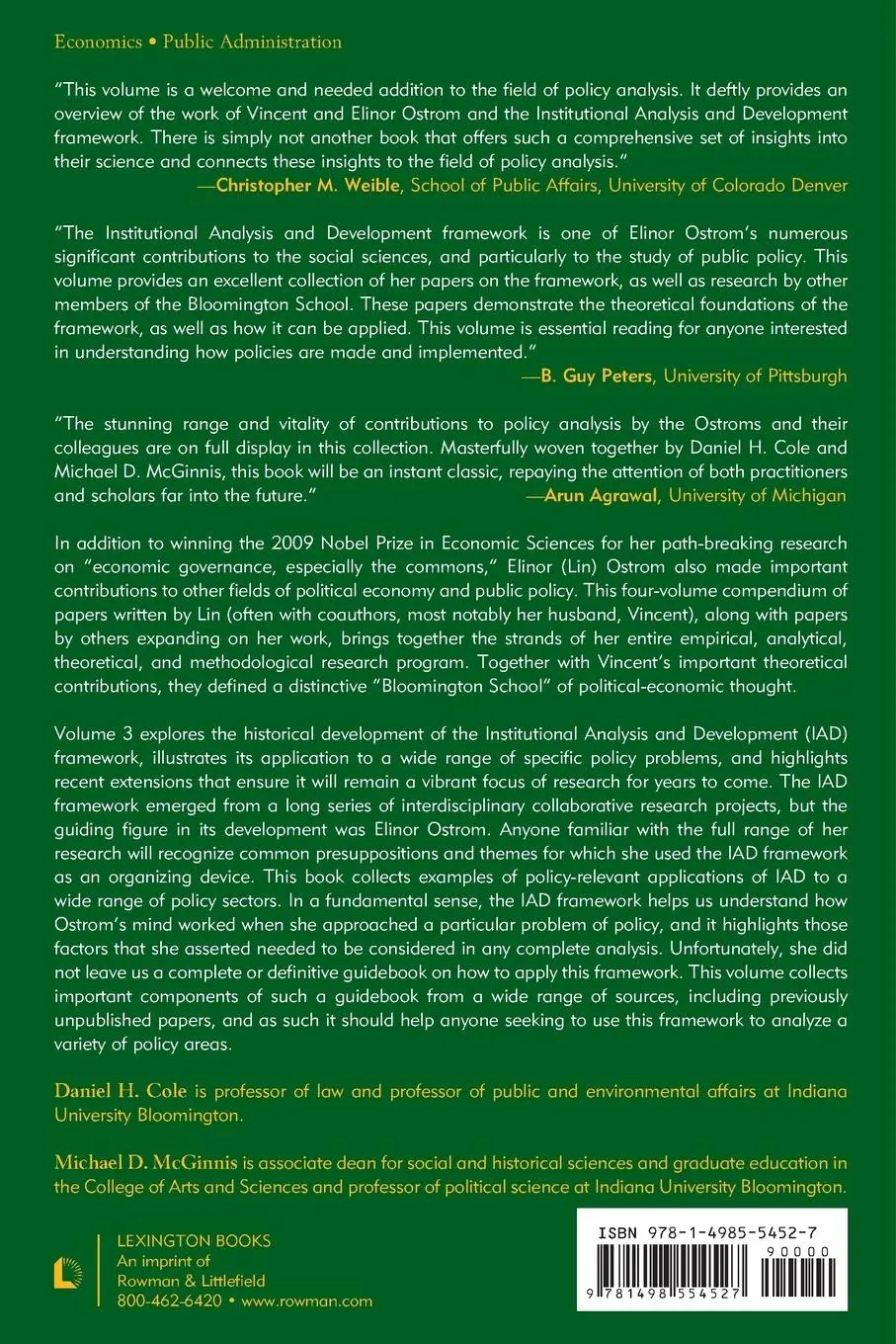 Rückseite: 9781498554527 | Elinor Ostrom and the Bloomington School of Political Economy | Buch