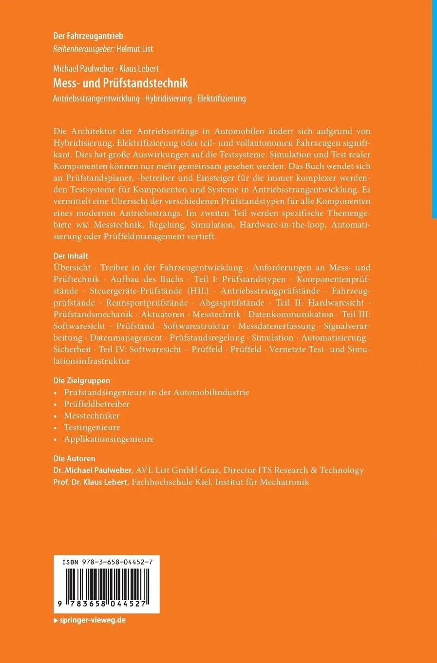 Rückseite: 9783658044527 | Mess- und Prüfstandstechnik | Klaus Lebert (u. a.) | Buch | xvii