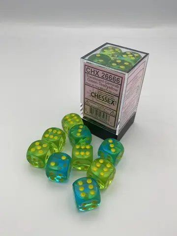 Cover: 601982034627 | Gemini® 16mm d6 Translucent Green-Teal/yellow Dice Block™ (12 dice)