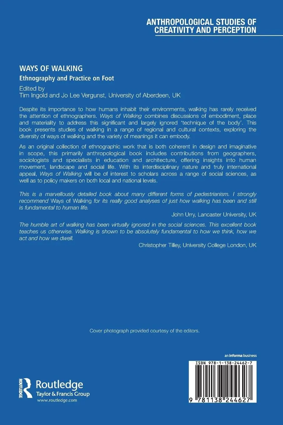 Rückseite: 9781138244627 | Ways of Walking | Ethnography and Practice on Foot | Vergunst (u. a.)