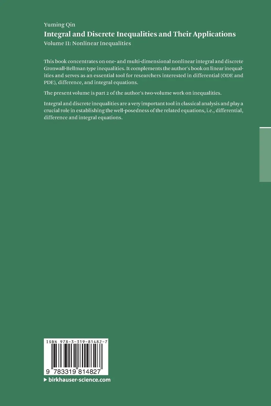 Rückseite: 9783319814827 | Integral and Discrete Inequalities and Their Applications | Yuming Qin