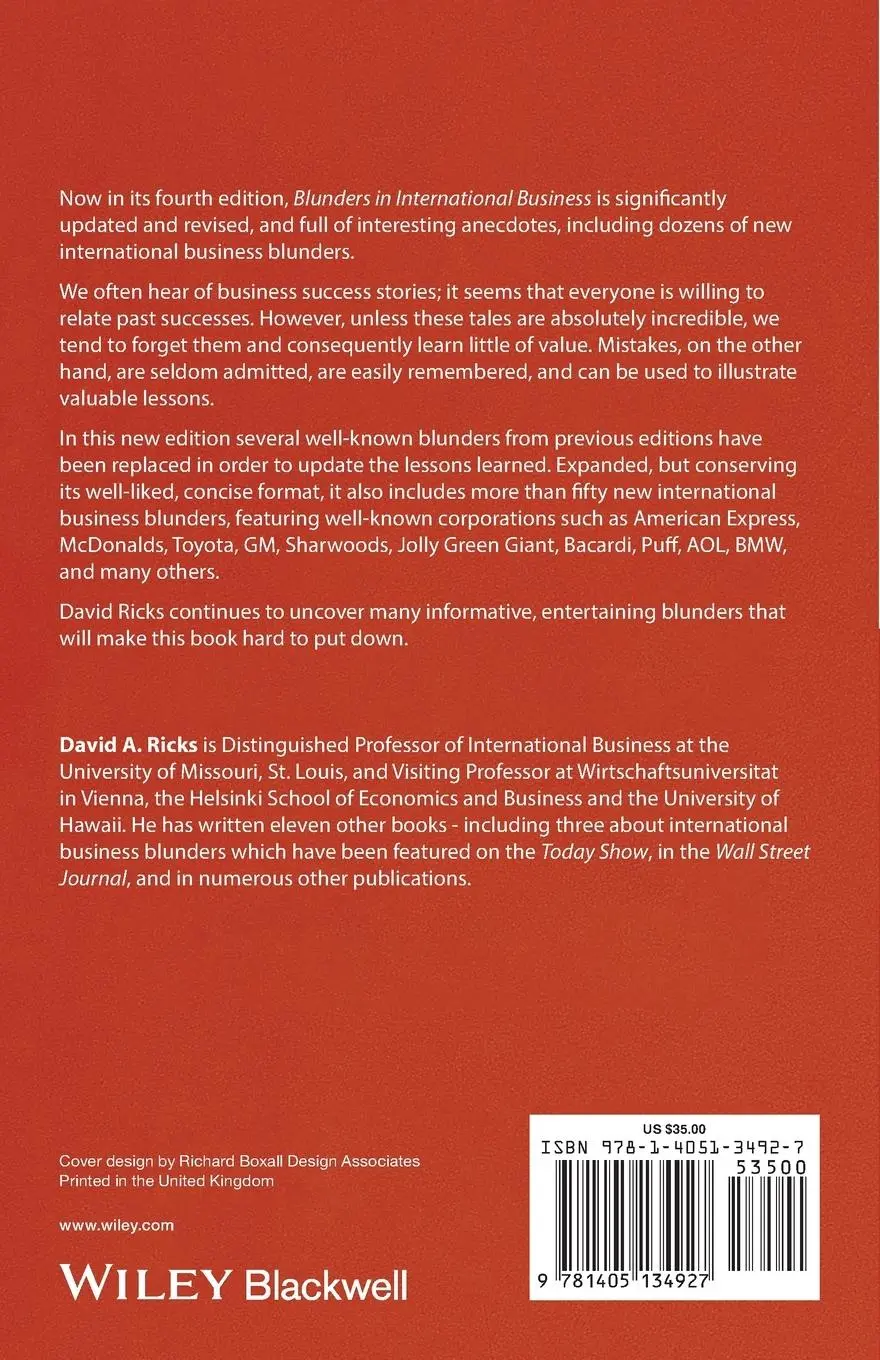 Rückseite: 9781405134927 | Blunders in International Business | David A Ricks | Taschenbuch
