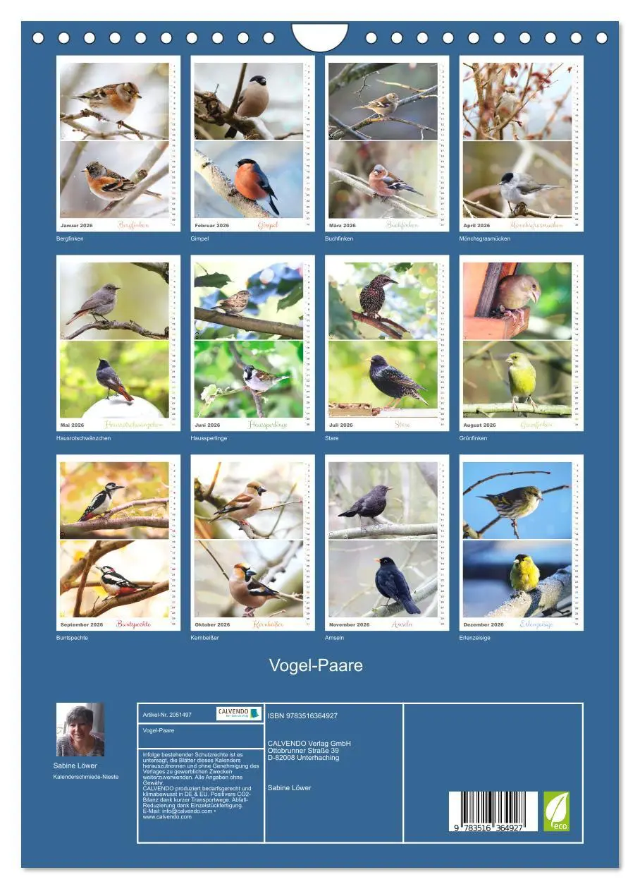 Bild: 9783516364927 | Vogel-Paare (Wandkalender 2026 DIN A4 hoch), CALVENDO Monatskalender