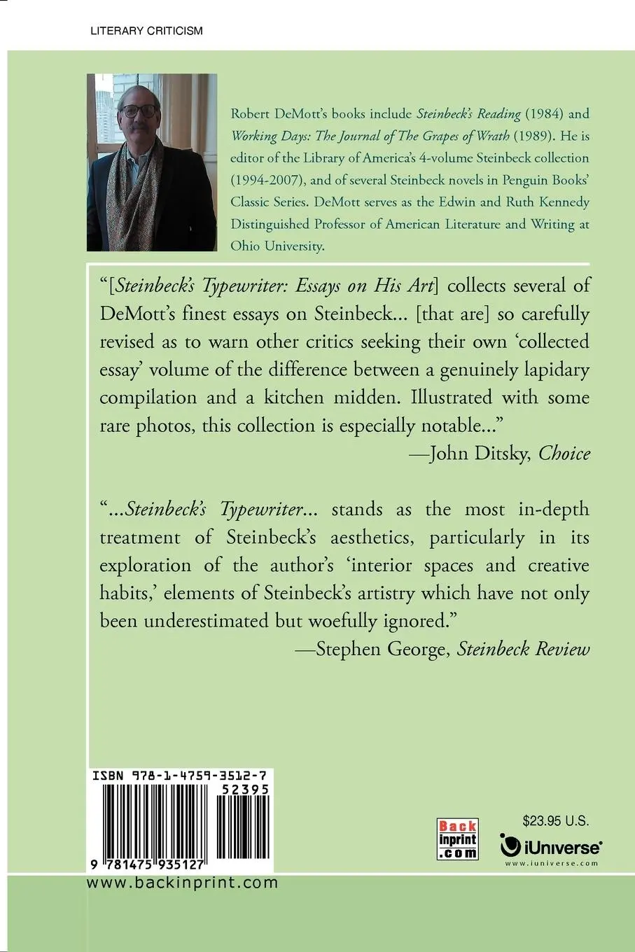 Rückseite: 9781475935127 | Steinbeck's Typewriter | Essays on His Art | Robert Demott | Buch