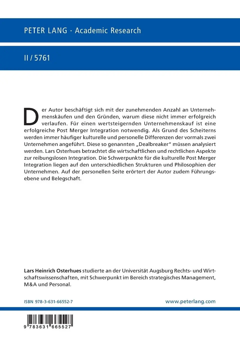 Rückseite: 9783631665527 | Post Merger Integration beim Unternehmenskauf | Osterhues | Buch