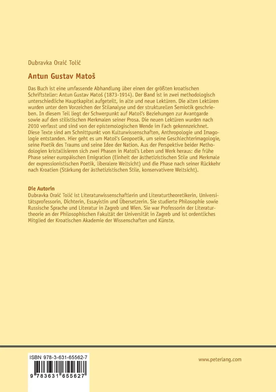 Rückseite: 9783631655627 | Antun Gustav Matos | Ein Klassiker der kroatischen Moderne | Tolic