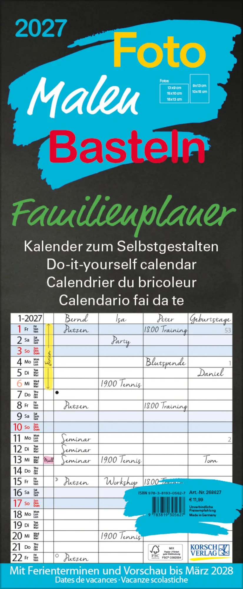Cover: 9783819305627 | Foto-Malen-Basteln Familienplaner schwarz 2027 | Verlag Korsch | 14 S.