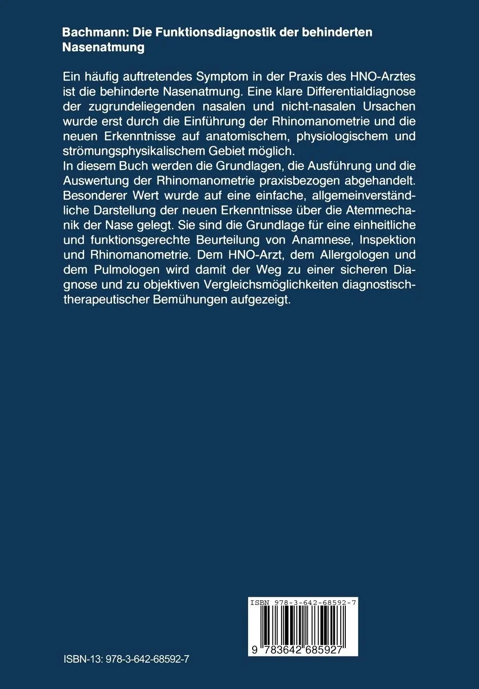 Rückseite: 9783642685927 | Die Funktionsdiagnostik der behinderten Nasenatmung | W. Bachmann | x