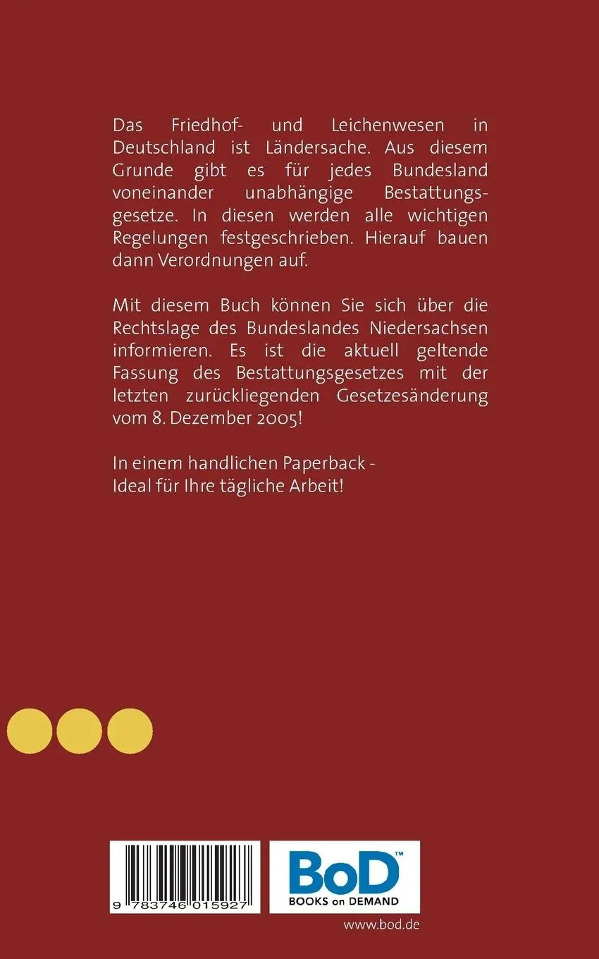 Rückseite: 9783746015927 | Niedersächsisches Bestattungsgesetz | Sebastian Andreas Götz | Buch