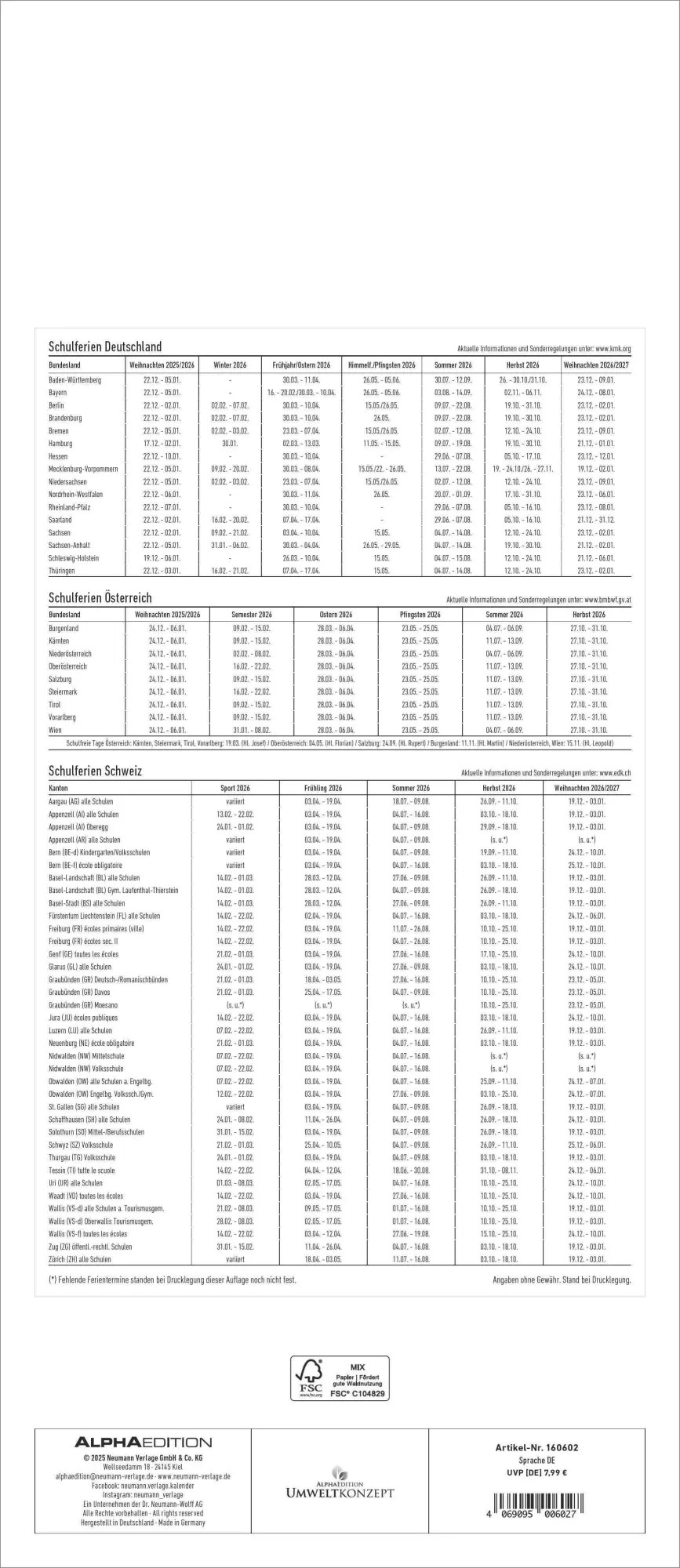 Rückseite: 4069095006027 | Kreativ-Kalender Familienplaner 2026 - 5 Spalten - 19,5x45 cmFoto,...