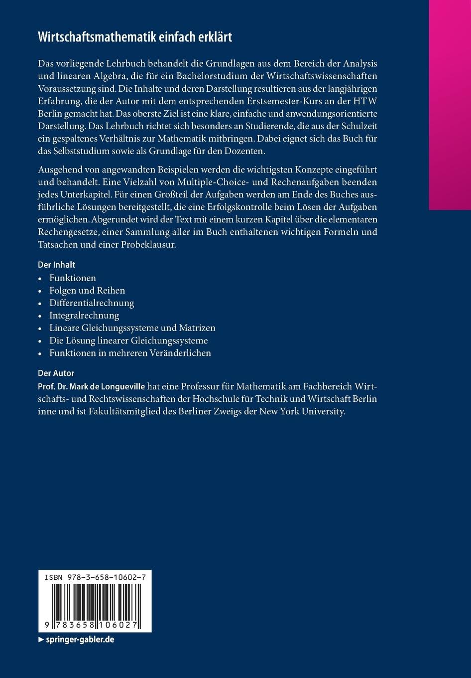 Rückseite: 9783658106027 | Wirtschaftsmathematik einfach erklärt | Mark De Longueville | Buch