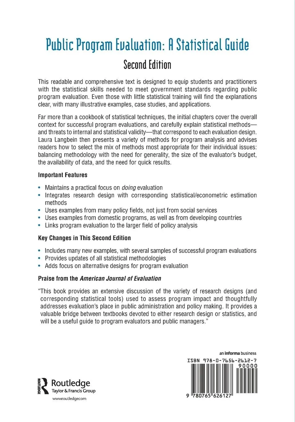 Rückseite: 9780765626127 | Public Program Evaluation | A Statistical Guide | Laura Langbein